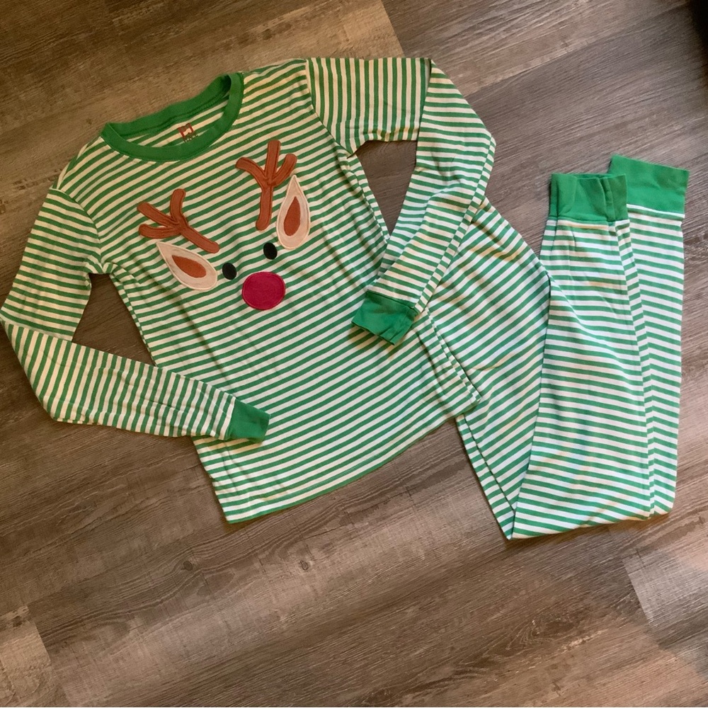 Pick any 5 for $15 Very Snug Fit Green and White Striped Reindeer Pajama Set